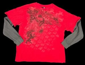 Y2K Hybrid T-Shirt Distruction Thermal Long Sleeve Streetwear Skater 2X Red Gray